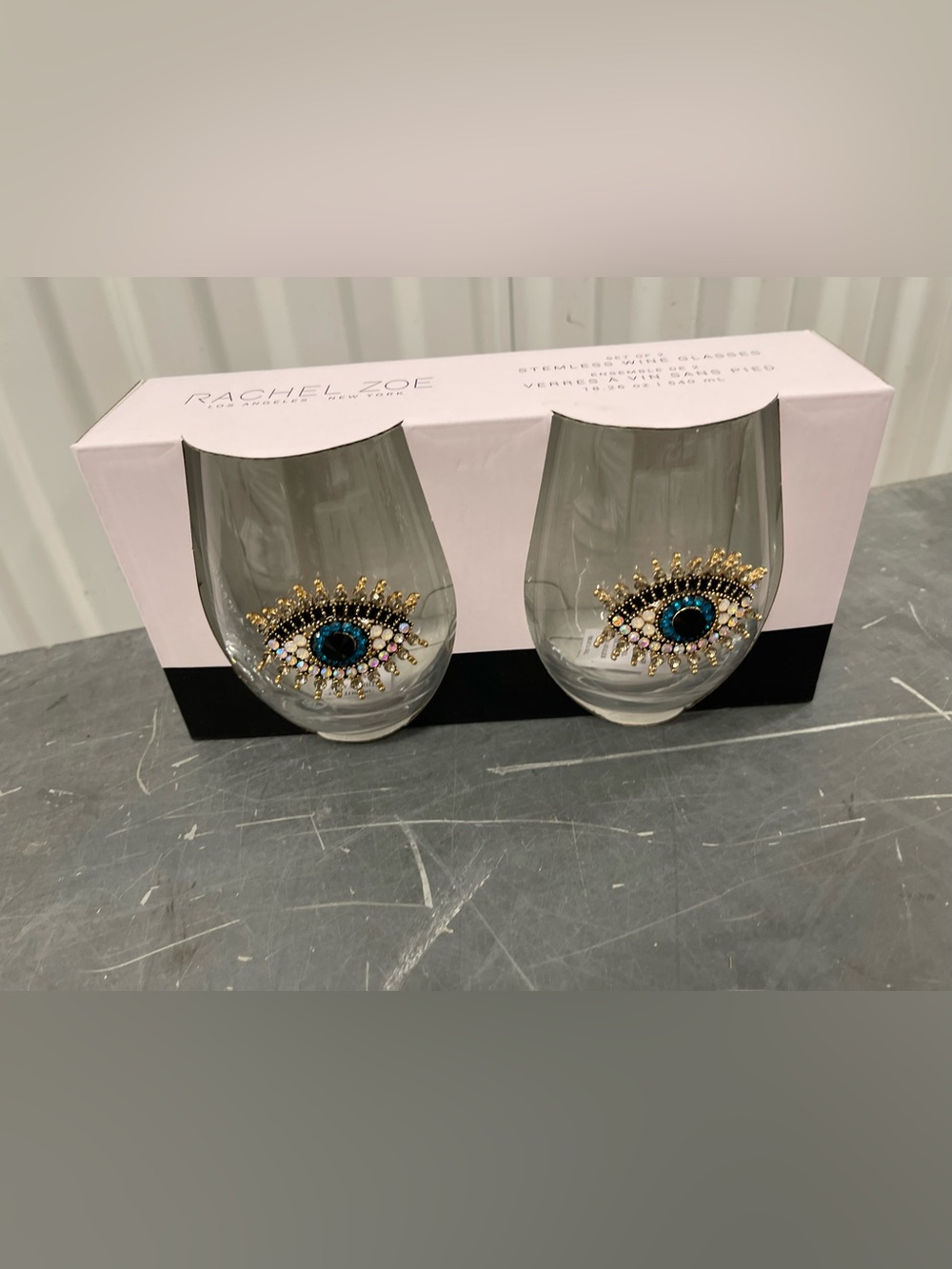 Rachel Zoe stemless wine glasses set of (2) - beaded evil eye design - GORGEOUS!